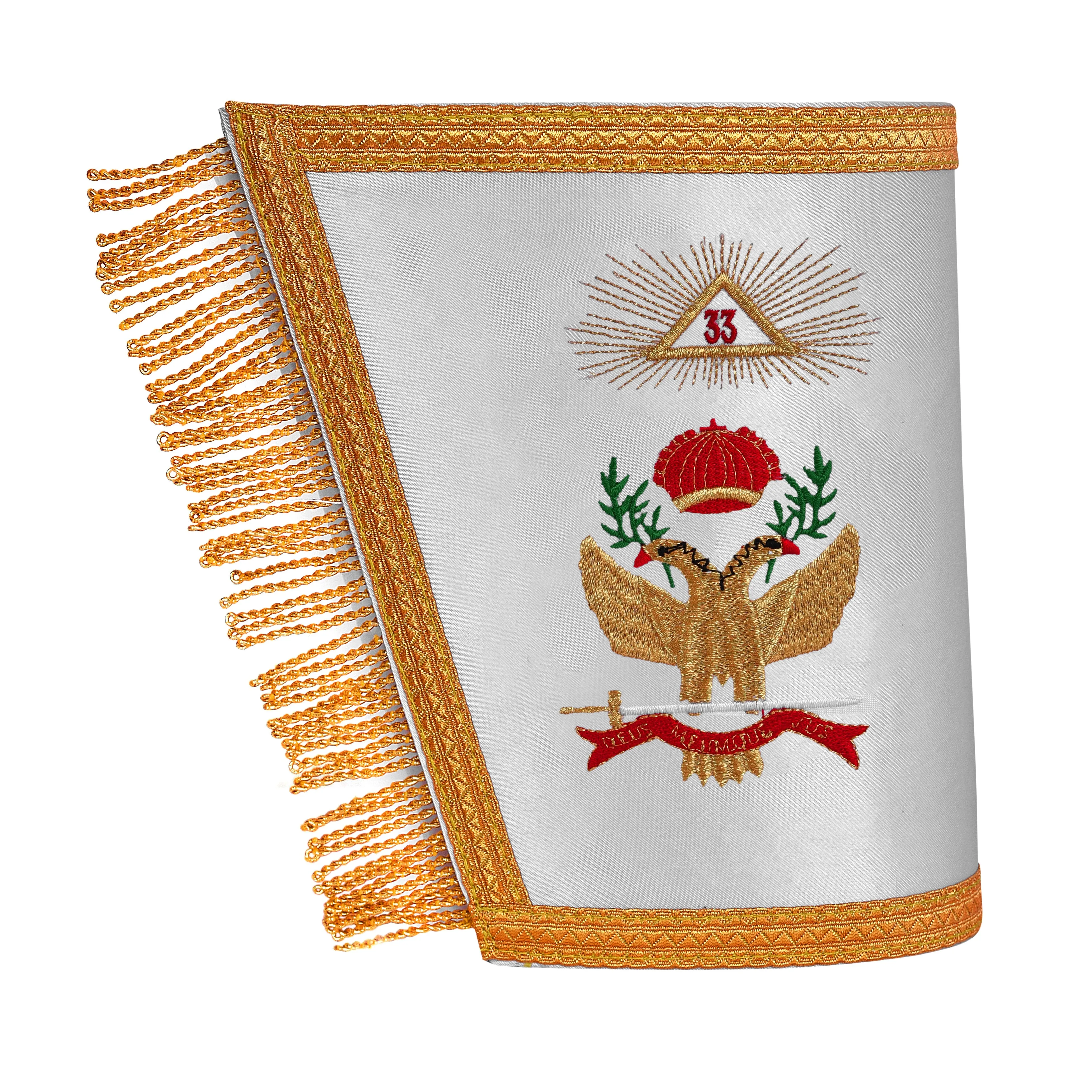 33rd Degree Scottish Rite Cuff - White Silk with Machine Embroidery Bullion