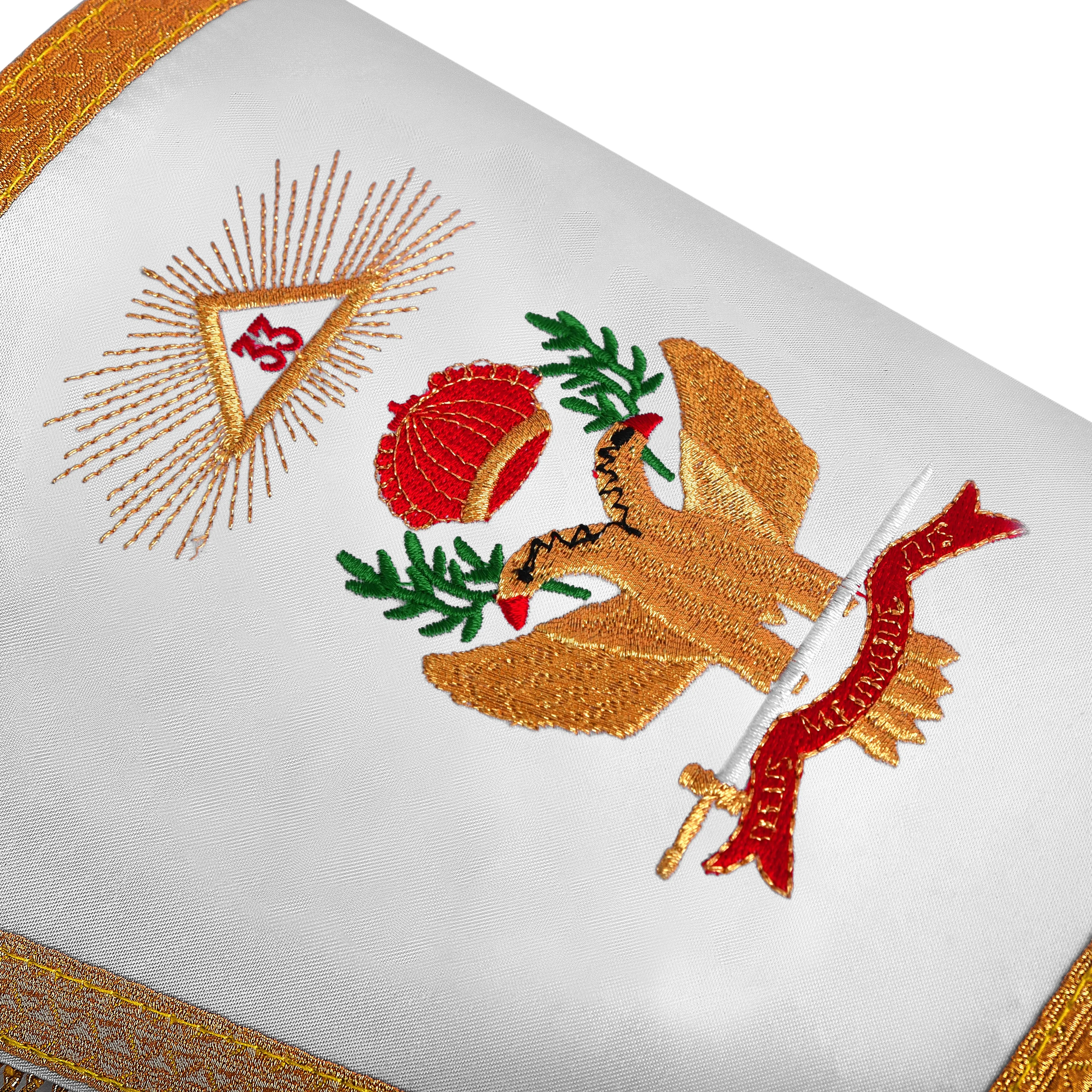 33rd Degree Scottish Rite Cuff - White Silk with Machine Embroidery Bullion