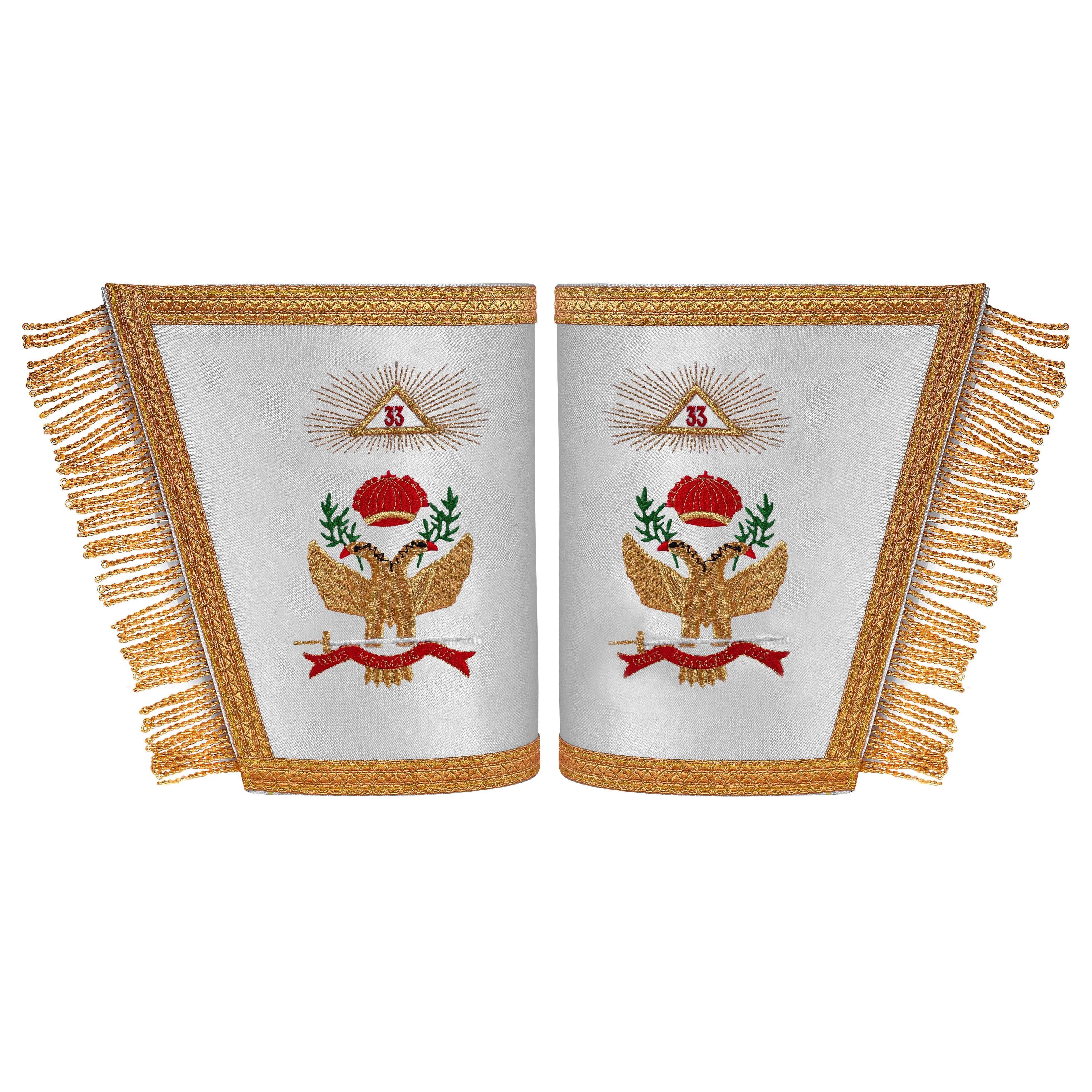 33rd Degree Scottish Rite Cuff - White Silk with Machine Embroidery Bullion