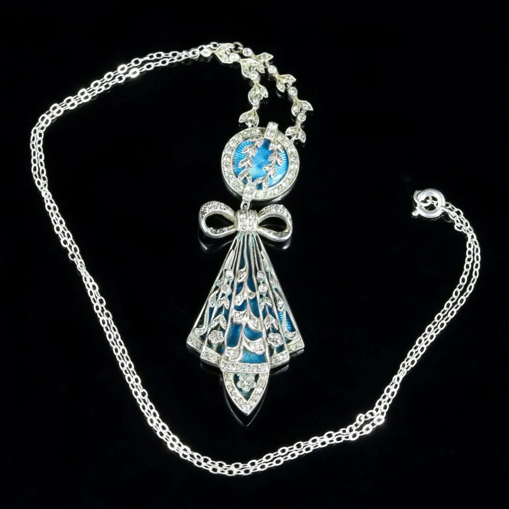 Antique Art Deco Silver Blue Enamel Pendant Necklace