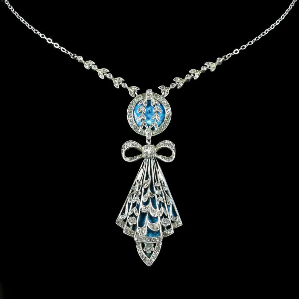 Antique Art Deco Silver Blue Enamel Pendant Necklace