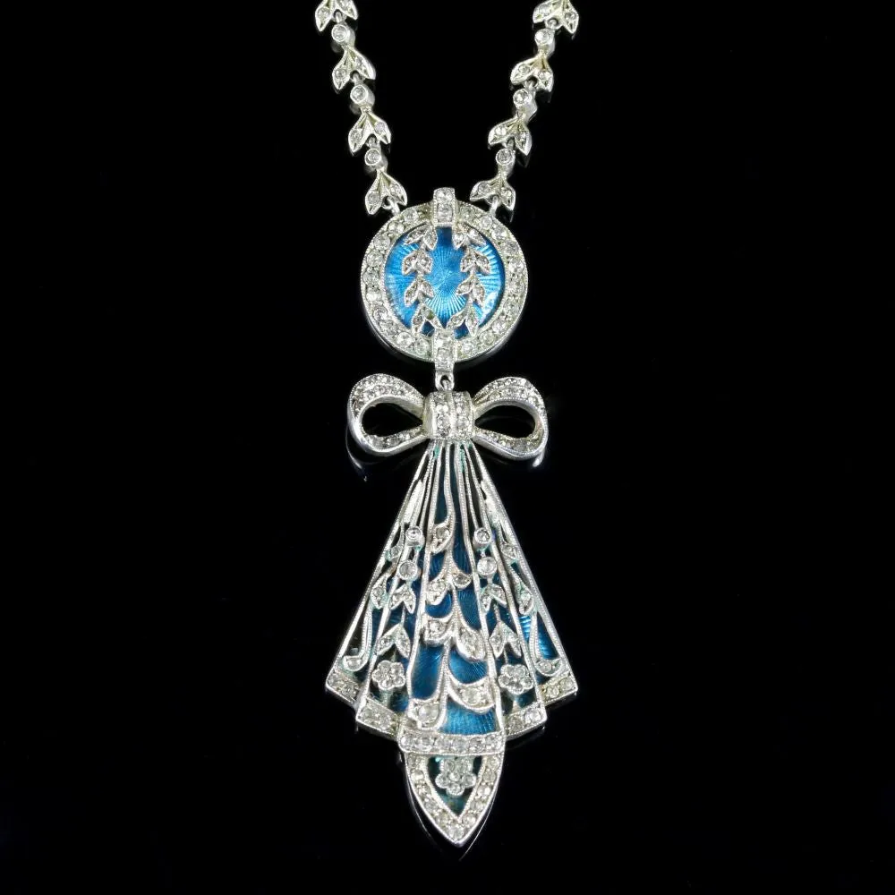 Antique Art Deco Silver Blue Enamel Pendant Necklace