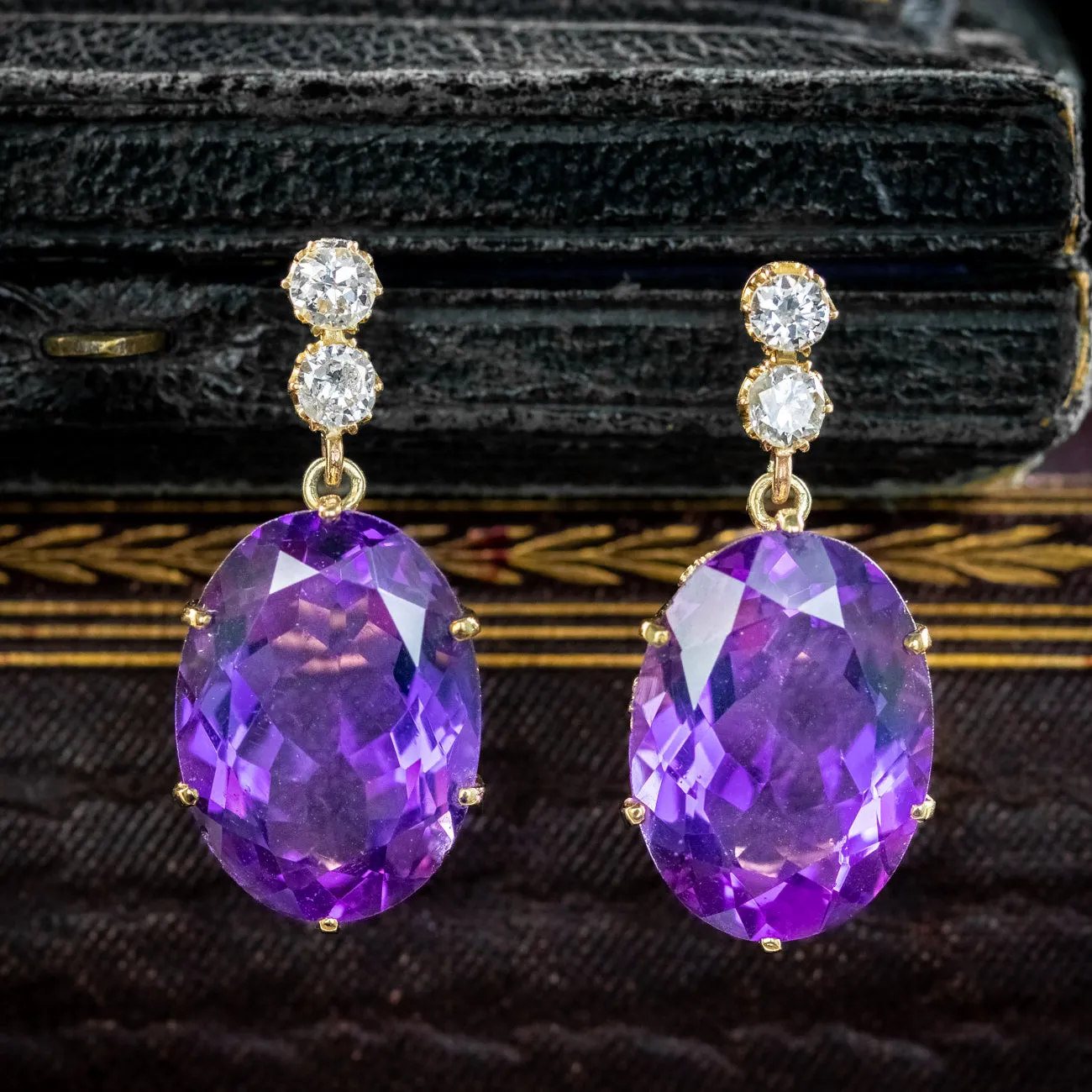 Antique Edwardian Amethyst Diamond Drop Earrings 18ct Gold 7.5ct Amethysts