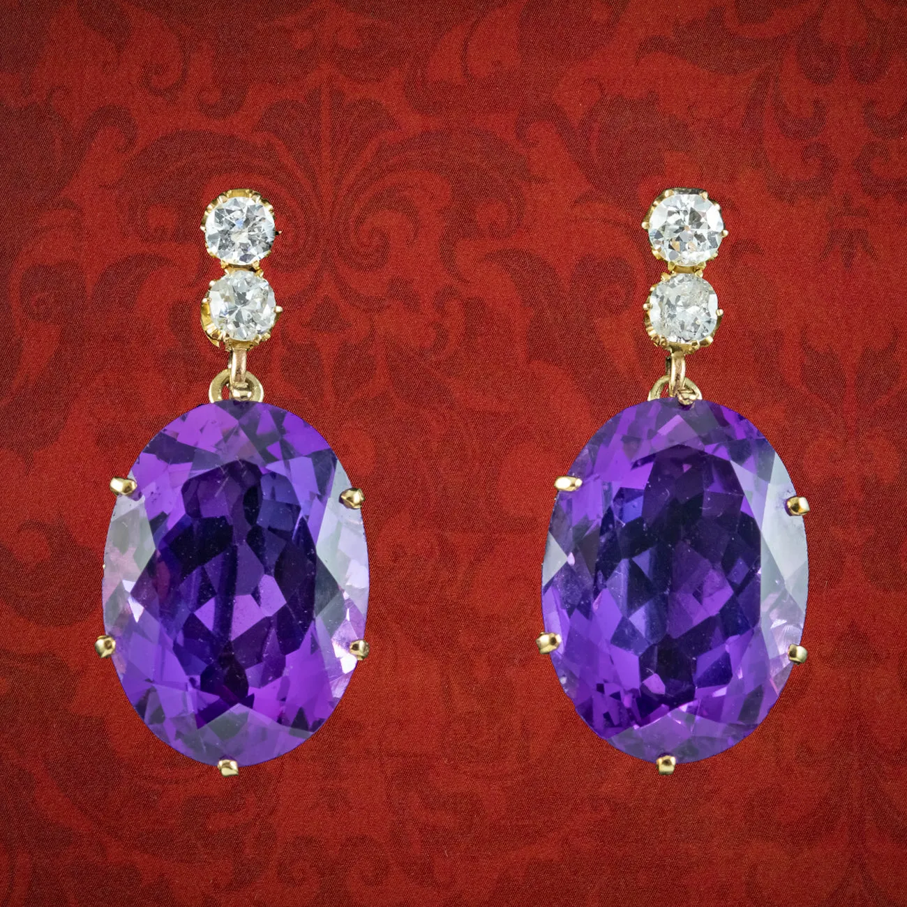 Antique Edwardian Amethyst Diamond Drop Earrings 18ct Gold 7.5ct Amethysts