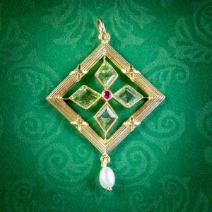 Antique Edwardian Suffragette Peridot Ruby Pearl Pendant 18ct Gold Circa 1910