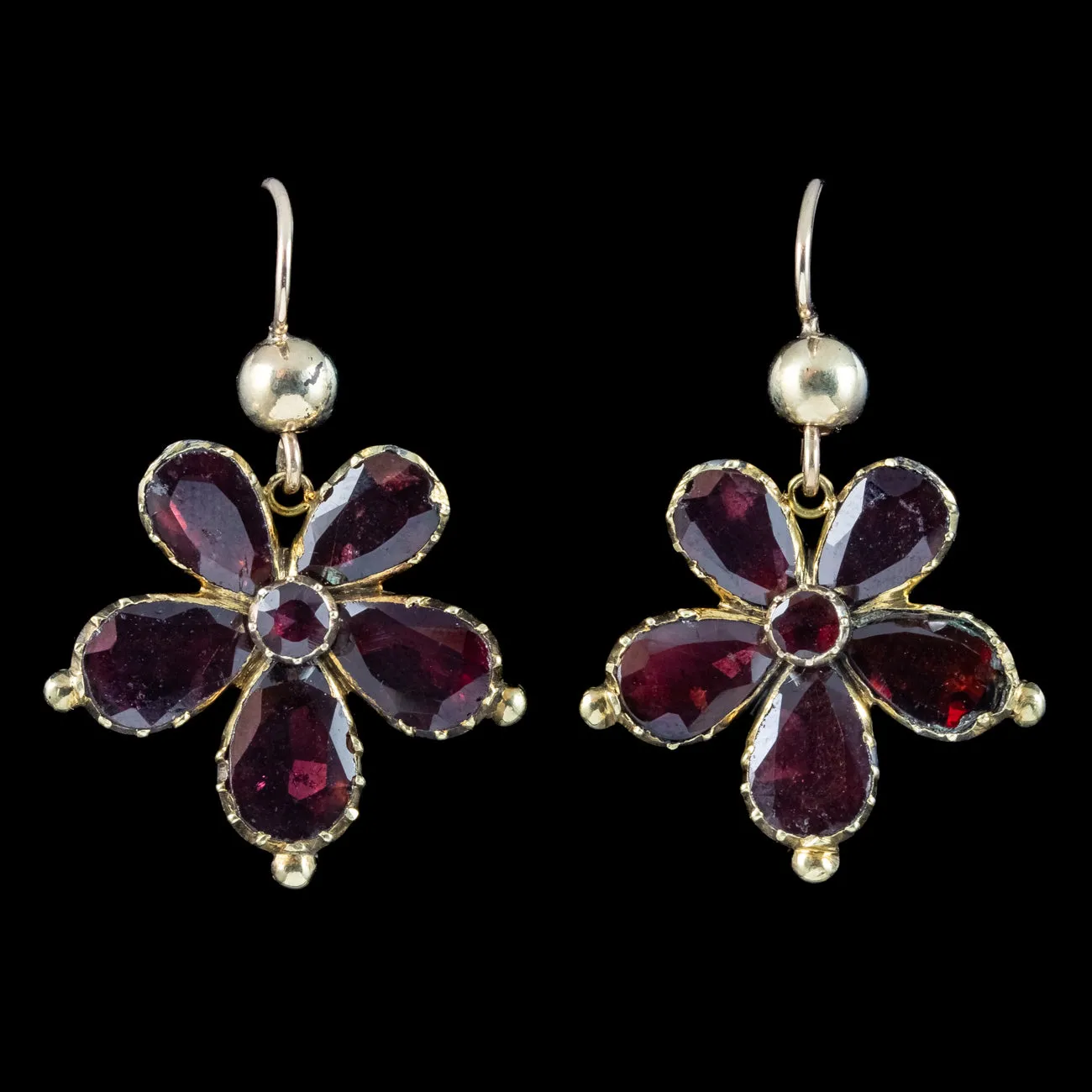 Antique Georgian Garnet Flower Drop Earrings 18ct Gold