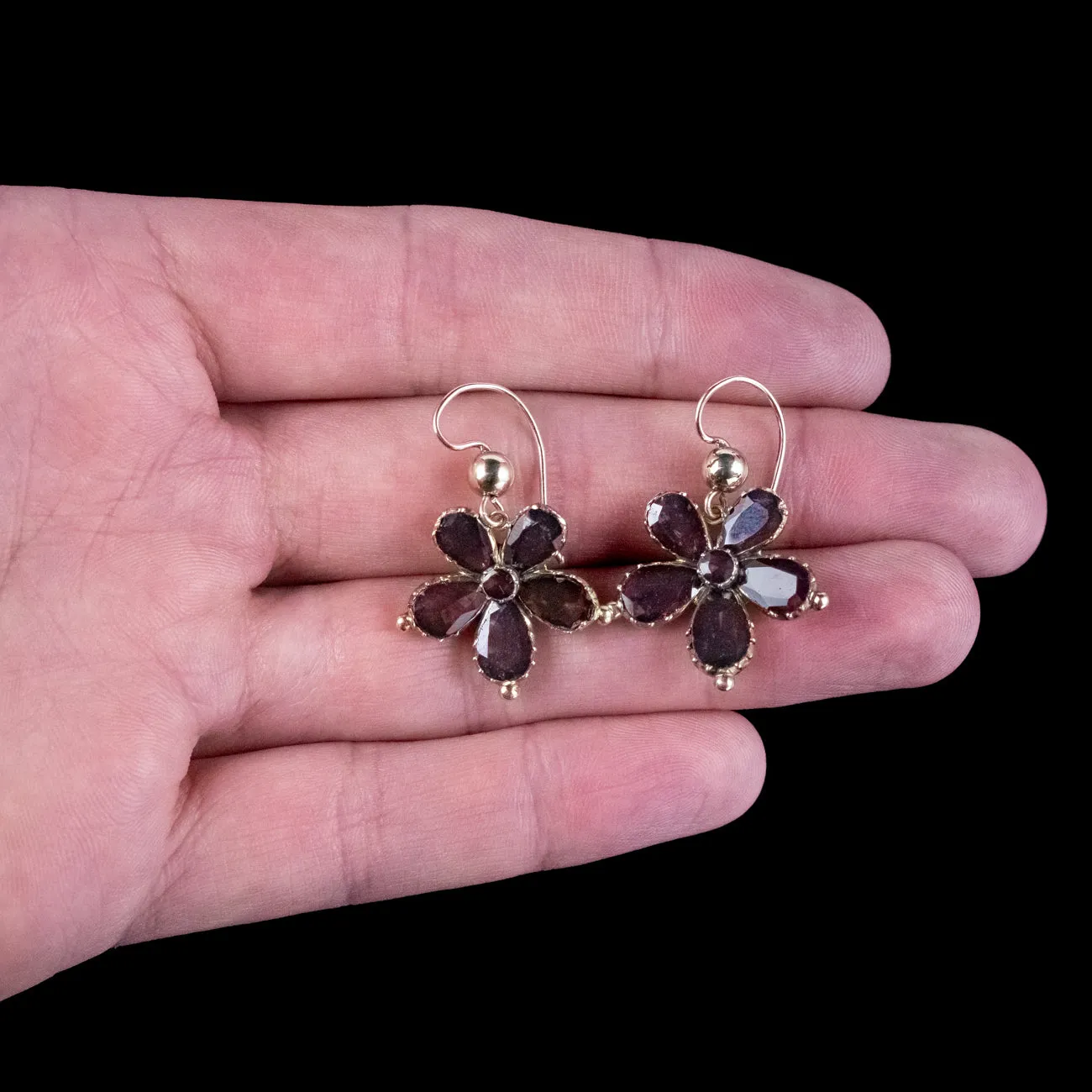 Antique Georgian Garnet Flower Drop Earrings 18ct Gold