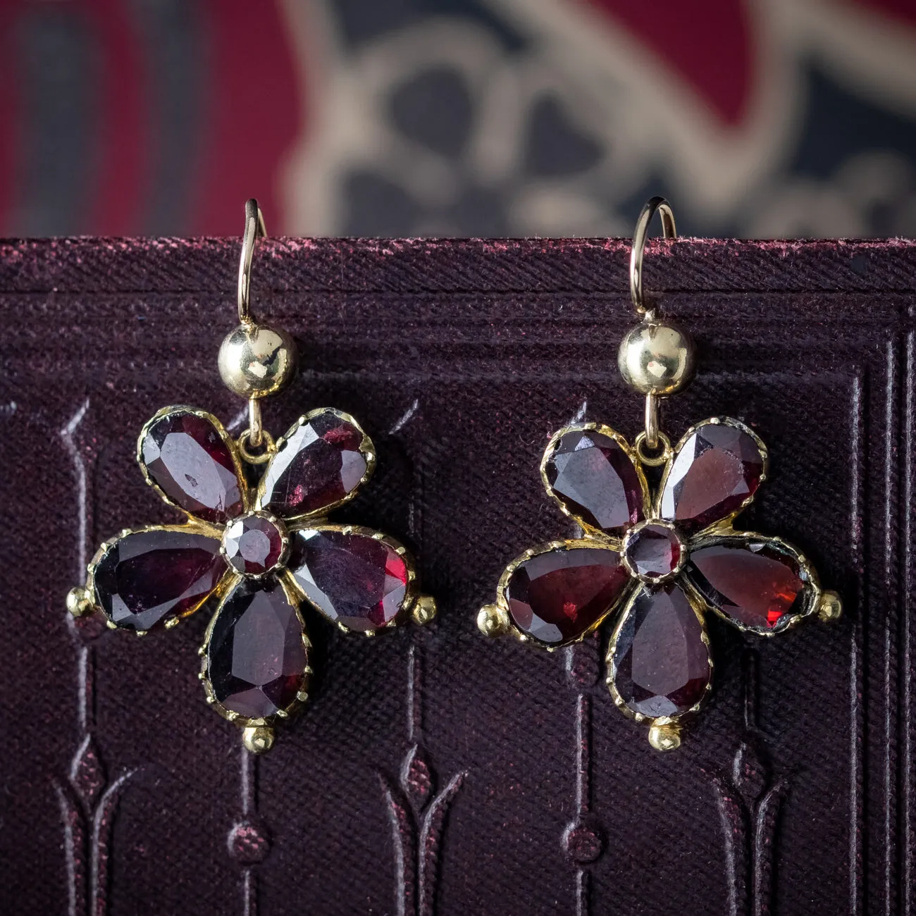 Antique Georgian Garnet Flower Drop Earrings 18ct Gold