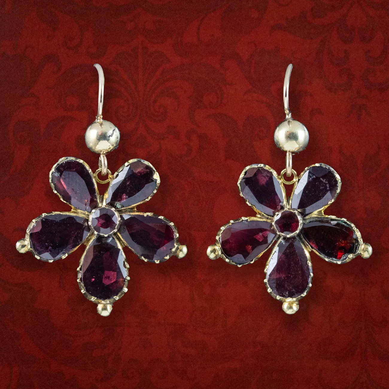 Antique Georgian Garnet Flower Drop Earrings 18ct Gold