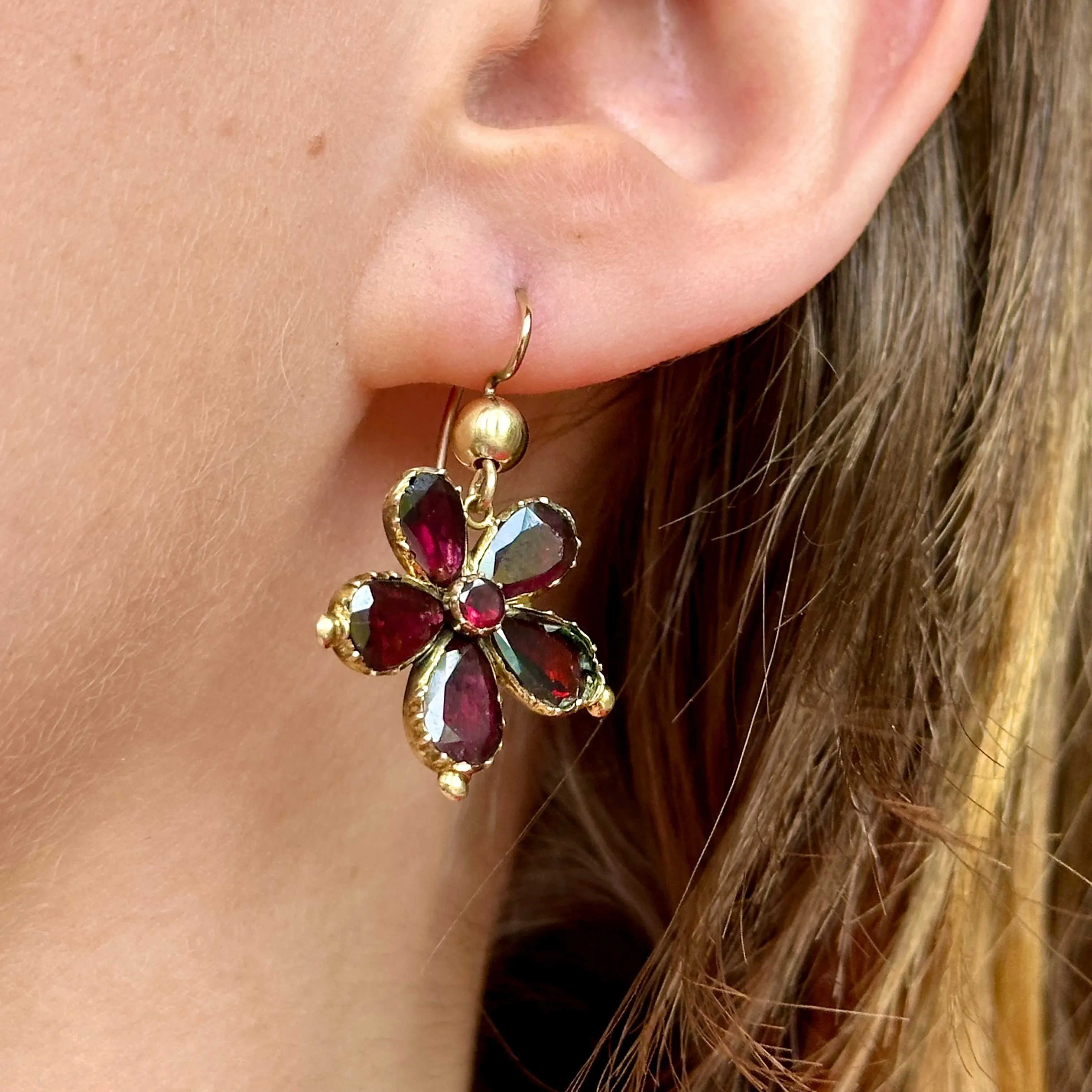 Antique Georgian Garnet Flower Drop Earrings 18ct Gold