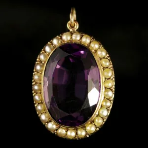 Antique Victorian Amethyst Pearl Pendant 15Ct Gold