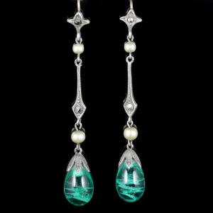 Antique Victorian Green Glass Pearl Earrings Long Silver Circa 1900