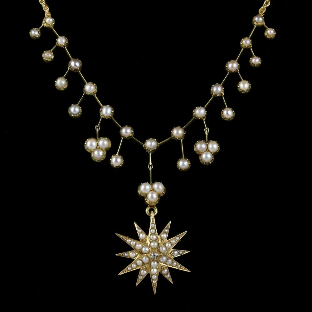 Antique Victorian Pearl Diamond Necklace 18Ct Gold