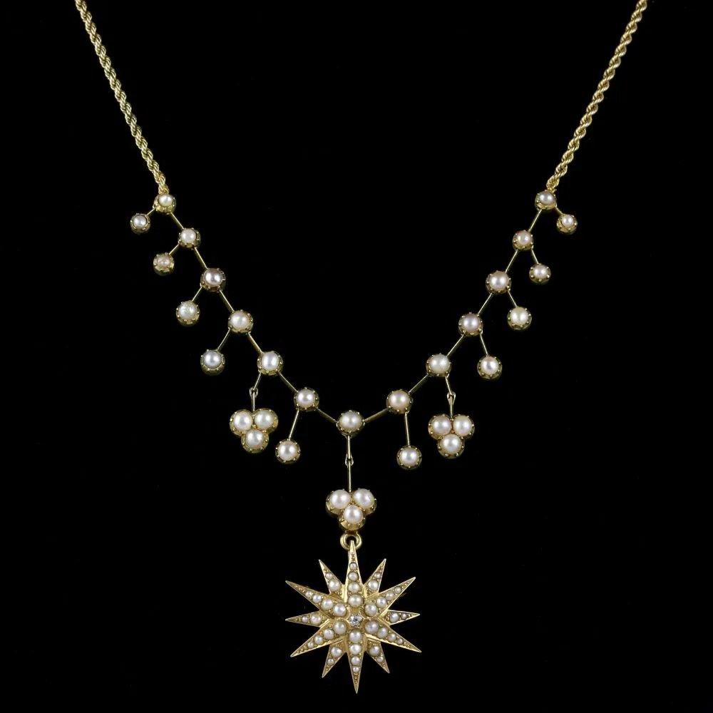 Antique Victorian Pearl Diamond Necklace 18Ct Gold