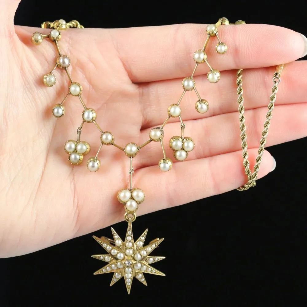 Antique Victorian Pearl Diamond Necklace 18Ct Gold