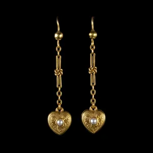 Antique Victorian Pearl Heart Drop Earrings 15Ct Gold Circa 1900