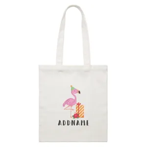 Birthday Hawaii Flamigo Wearing Party Hat With Present And Hibiscus Addname White Canvas Bag