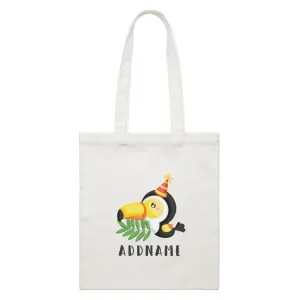 Birthday Safari Hornbill Wearing Party Hat Addname White Canvas Bag