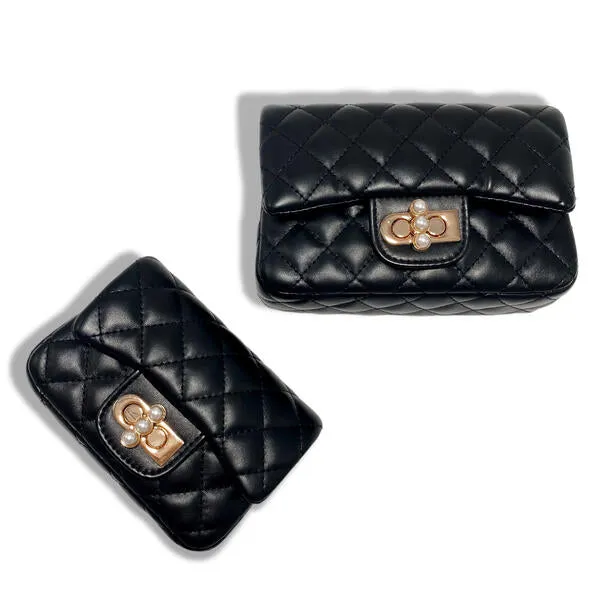 Black Pearl Closure Quilted Purse