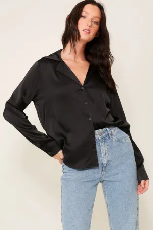 Black Satin Collared Button Down Blouse