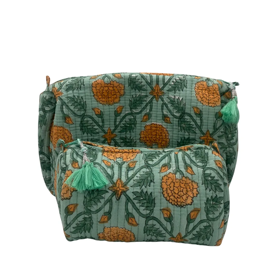 Block Printed Geometric Floral Wash Bag