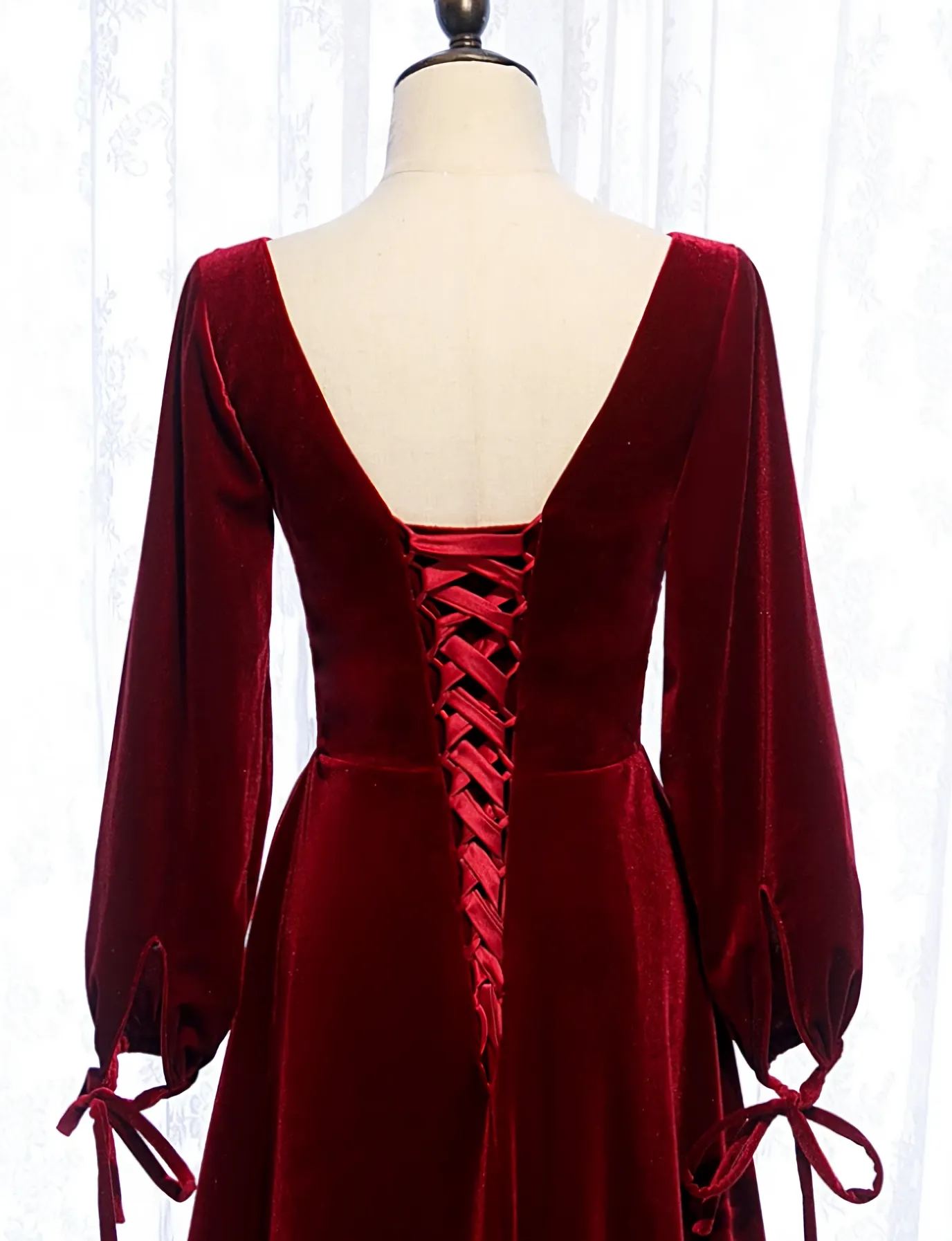 Charming Dark Red Velvet Long Sleeves A Line Party Dress, Party Prom Dress