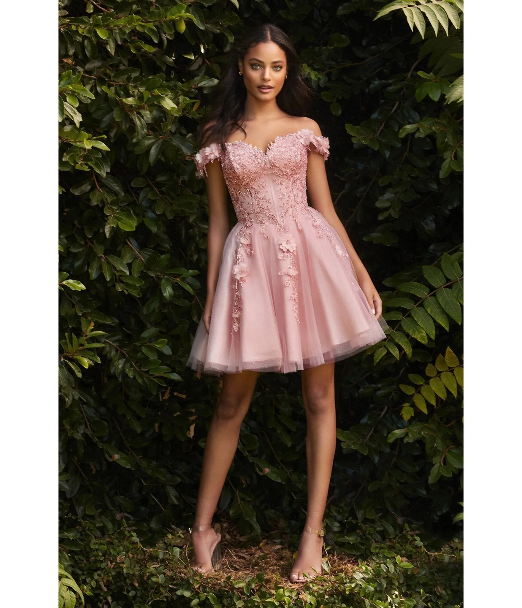 Cinderella Divine  Blush Beaded & Floral Applique Off The Shoulder Cocktail Dress