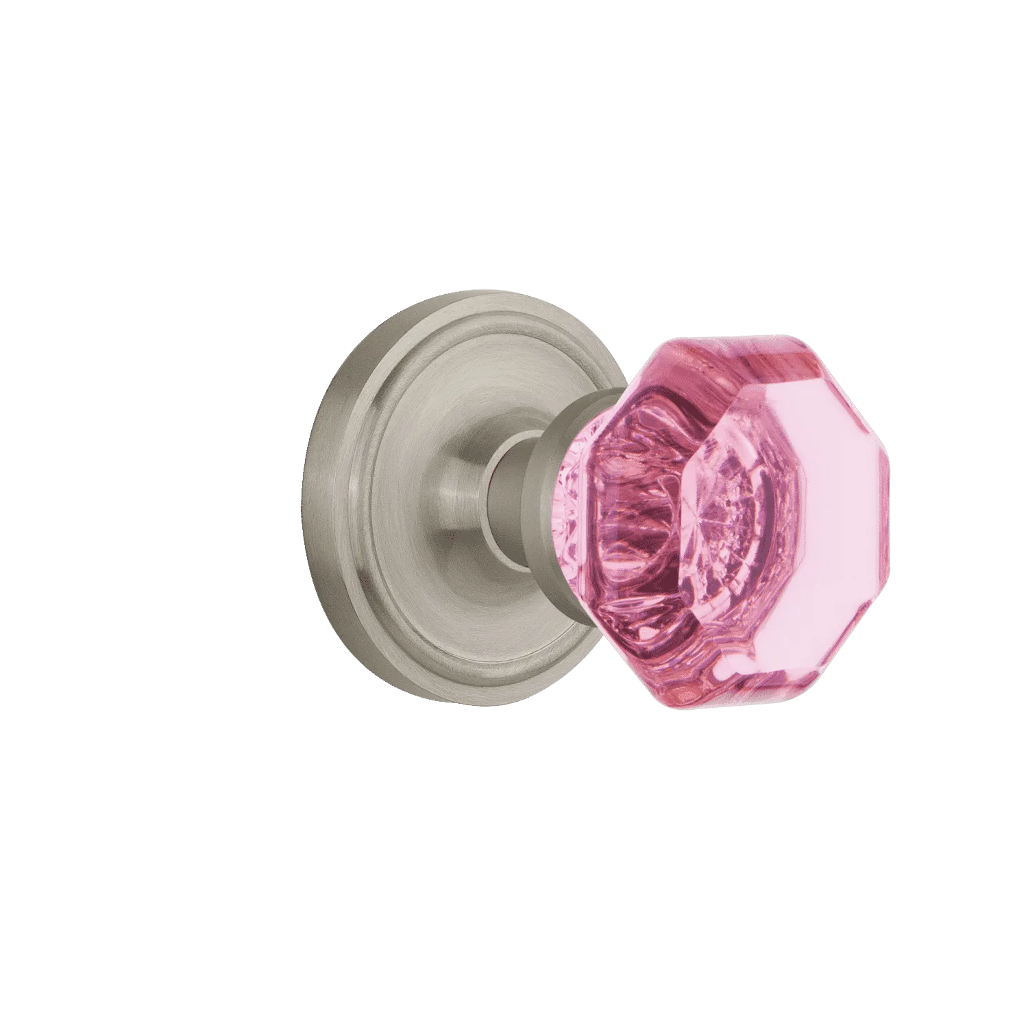 Classic Rosette with Pink Waldorf Knob in Satin Nickel