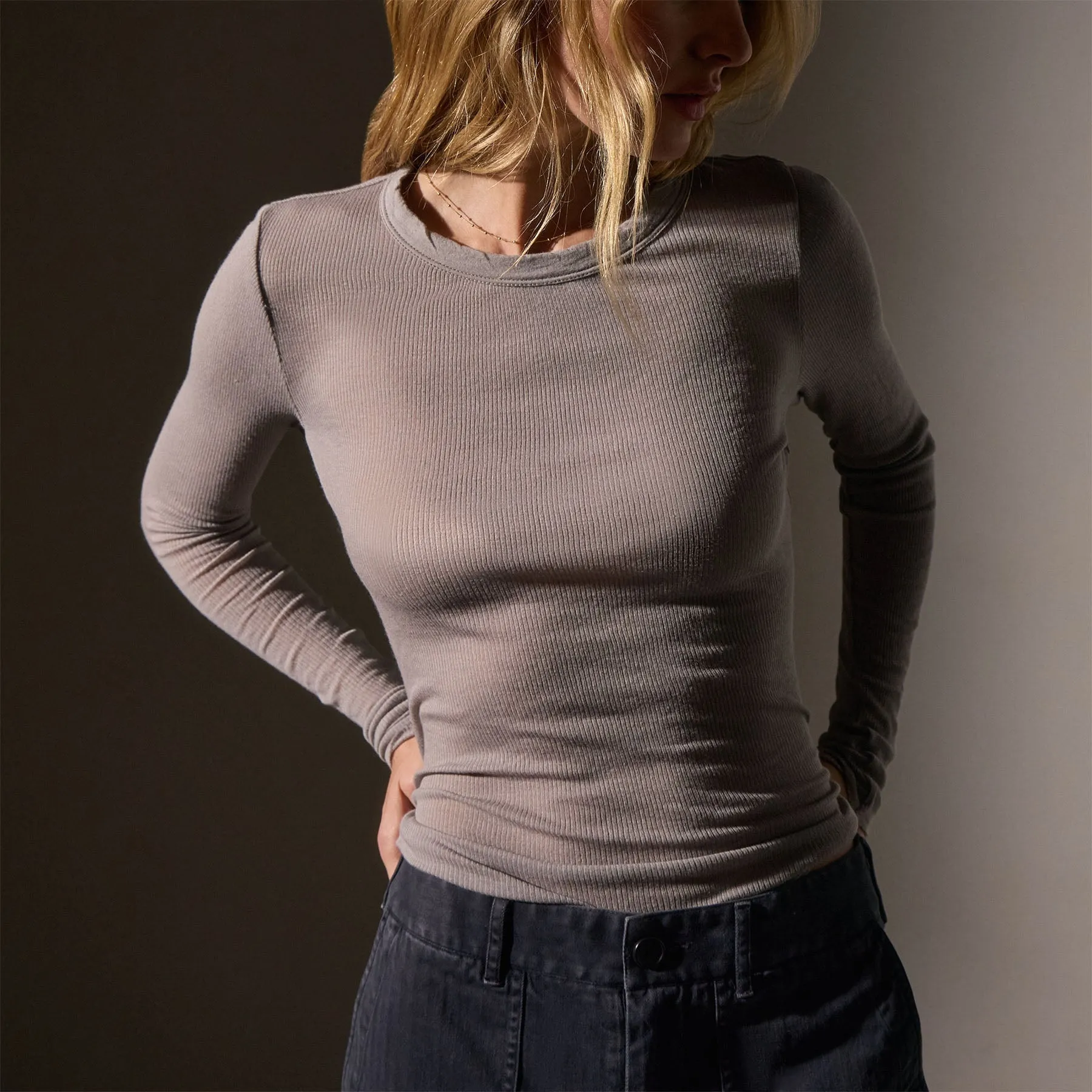 Cotton Cashmere Blend Ribbed Long Sleeve Crew - Dapple