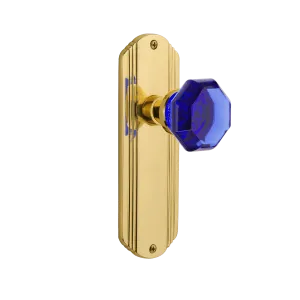 Deco Long Plate with Cobalt Waldorf Knob in Polished Brass