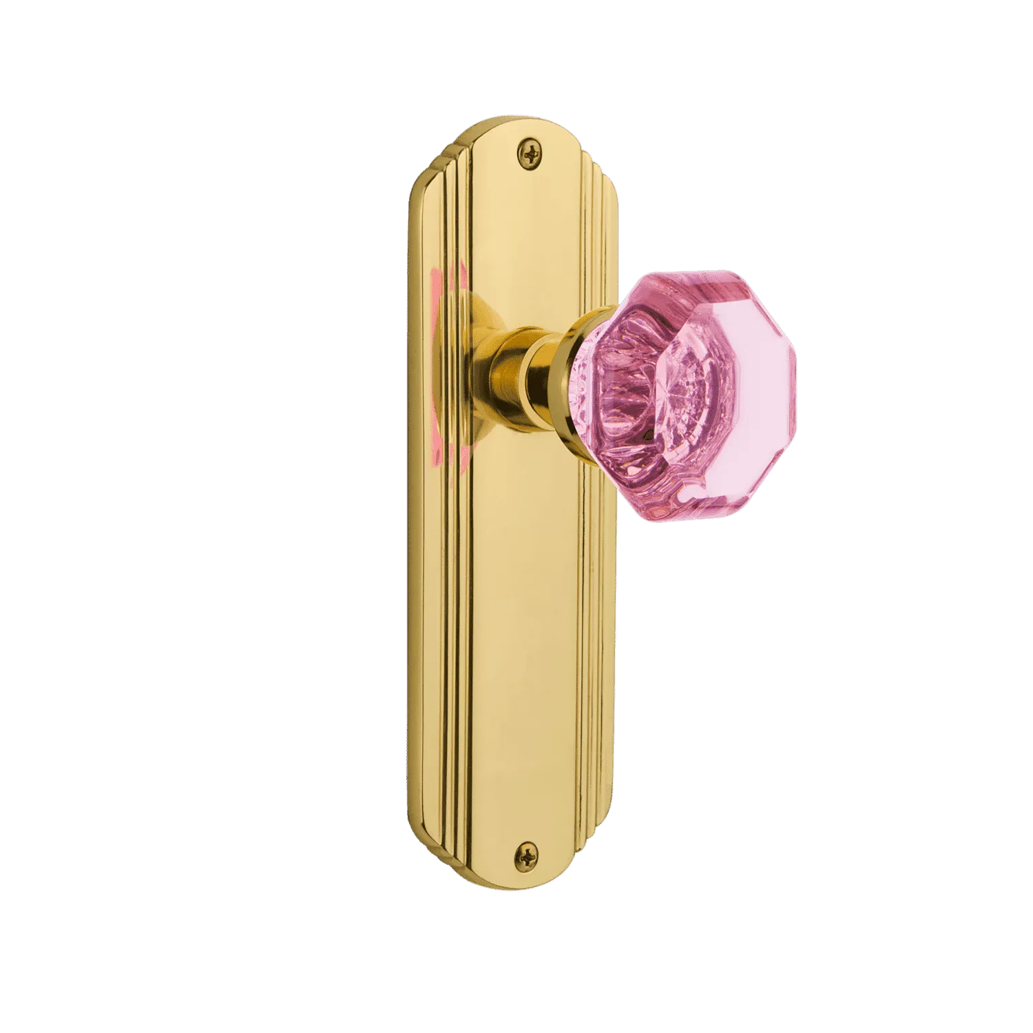 Deco Long Plate with Pink Waldorf Knob in Polished Brass