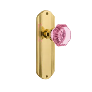 Deco Long Plate with Pink Waldorf Knob in Polished Brass