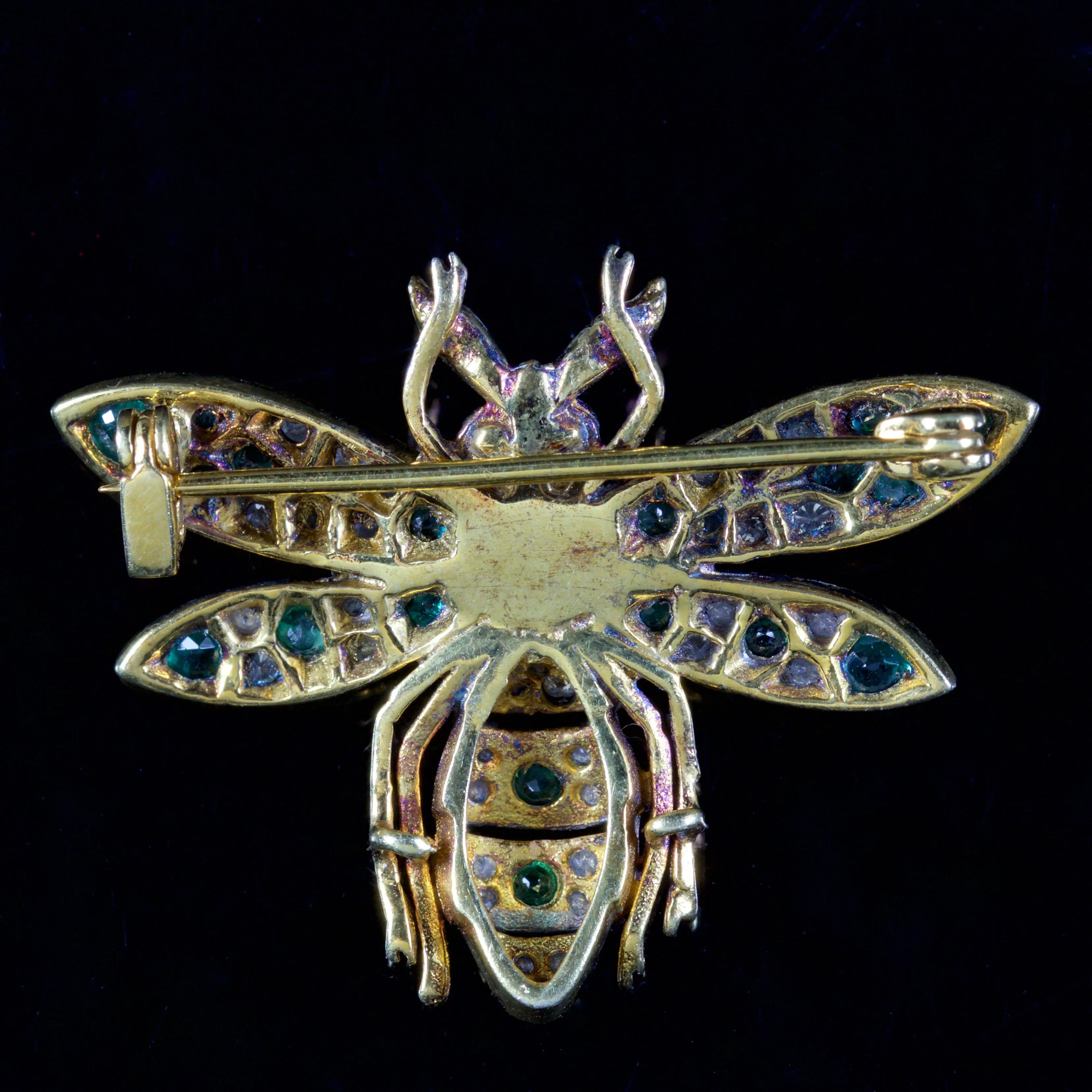 Diamond Emerald Pearl Insect Brooch 18Ct Gold Silver