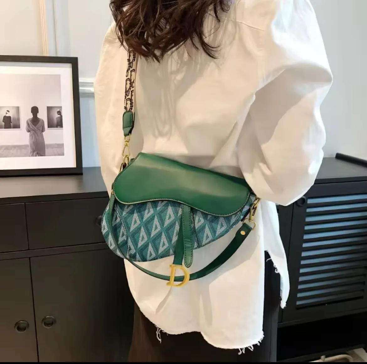 Dior Retro Saddle Bag For Women Oblique Printed Paired with Shoulder Strap (Green)