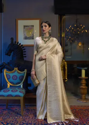 Efflorescence Beige Kanjivaram Silk Saree With Rhapsodic Blouse Piece