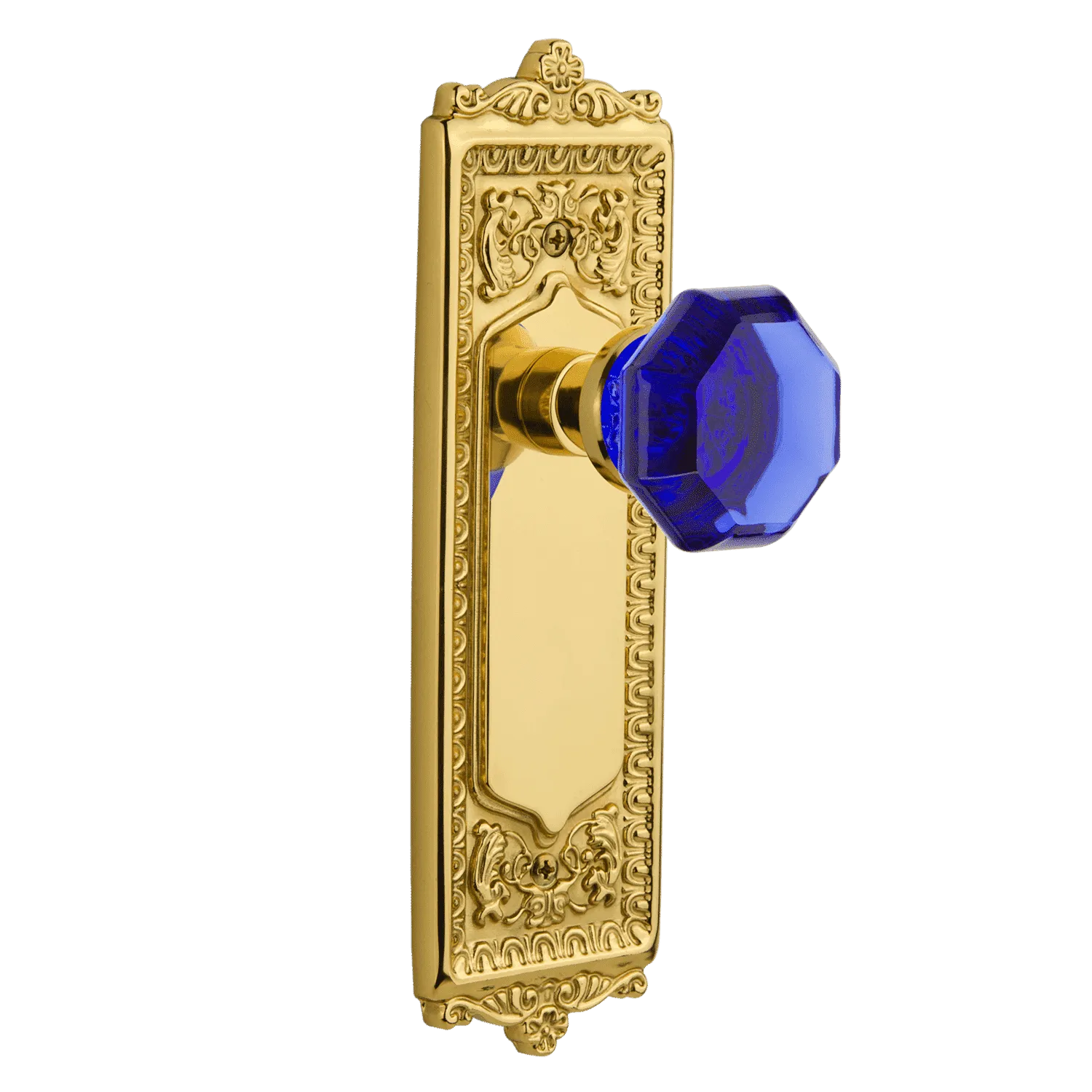 Egg & Dart Long Plate with Cobalt Waldorf Knob in Unlacquered Brass