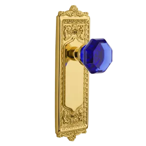 Egg & Dart Long Plate with Cobalt Waldorf Knob in Unlacquered Brass