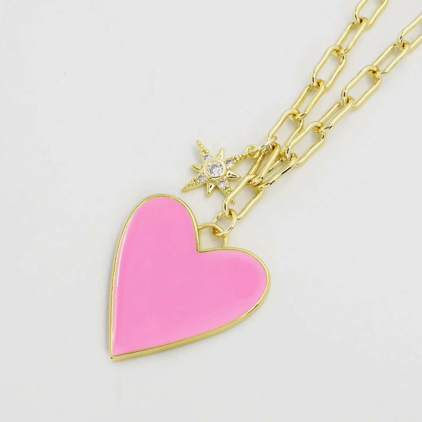 Enamel Heart/Star Necklace Light Pink J10