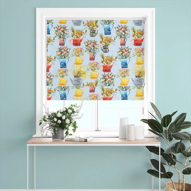 Flower Teapot Cotton Curtain Fabric - Blue