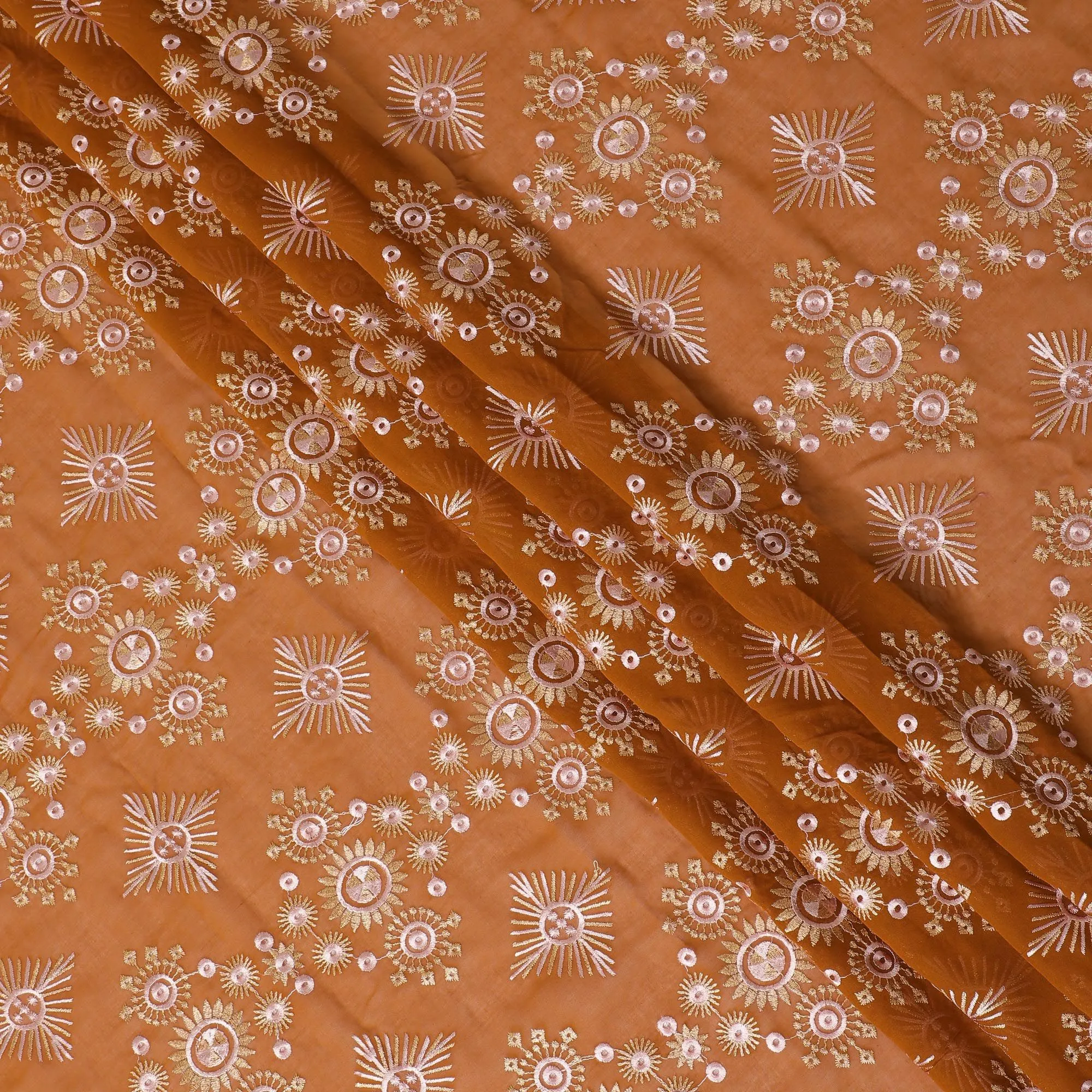 Golden Elegance Burnt Sienna Cotton Voile Embroidered Fabric for Thobe - 140cm x 4.5 Mtrs piece-D18587