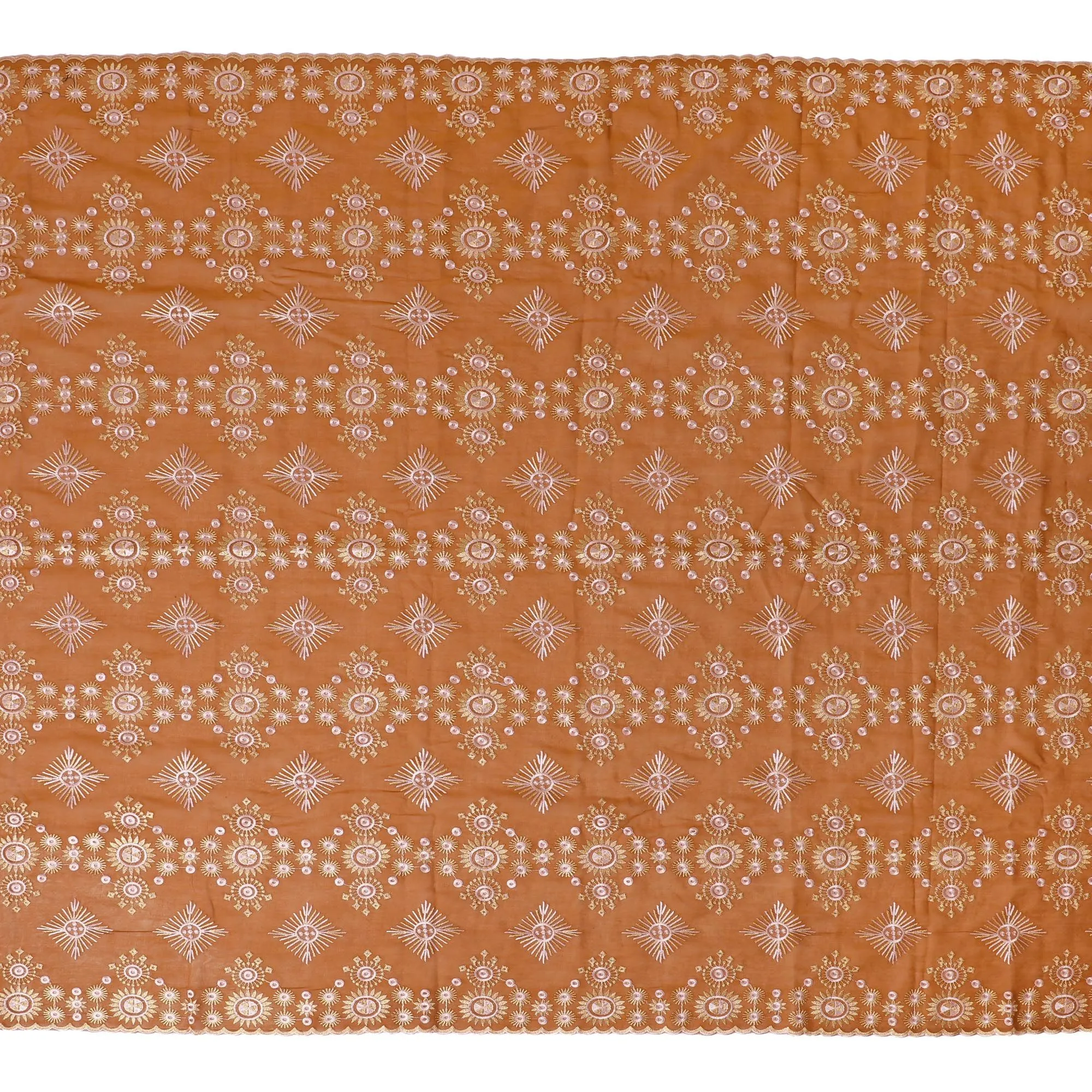 Golden Elegance Burnt Sienna Cotton Voile Embroidered Fabric for Thobe - 140cm x 4.5 Mtrs piece-D18587