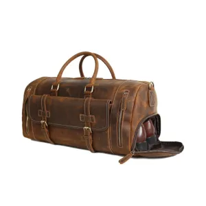 Handmade Vintage Brown Leather Travel Bag with Shoes Compartment