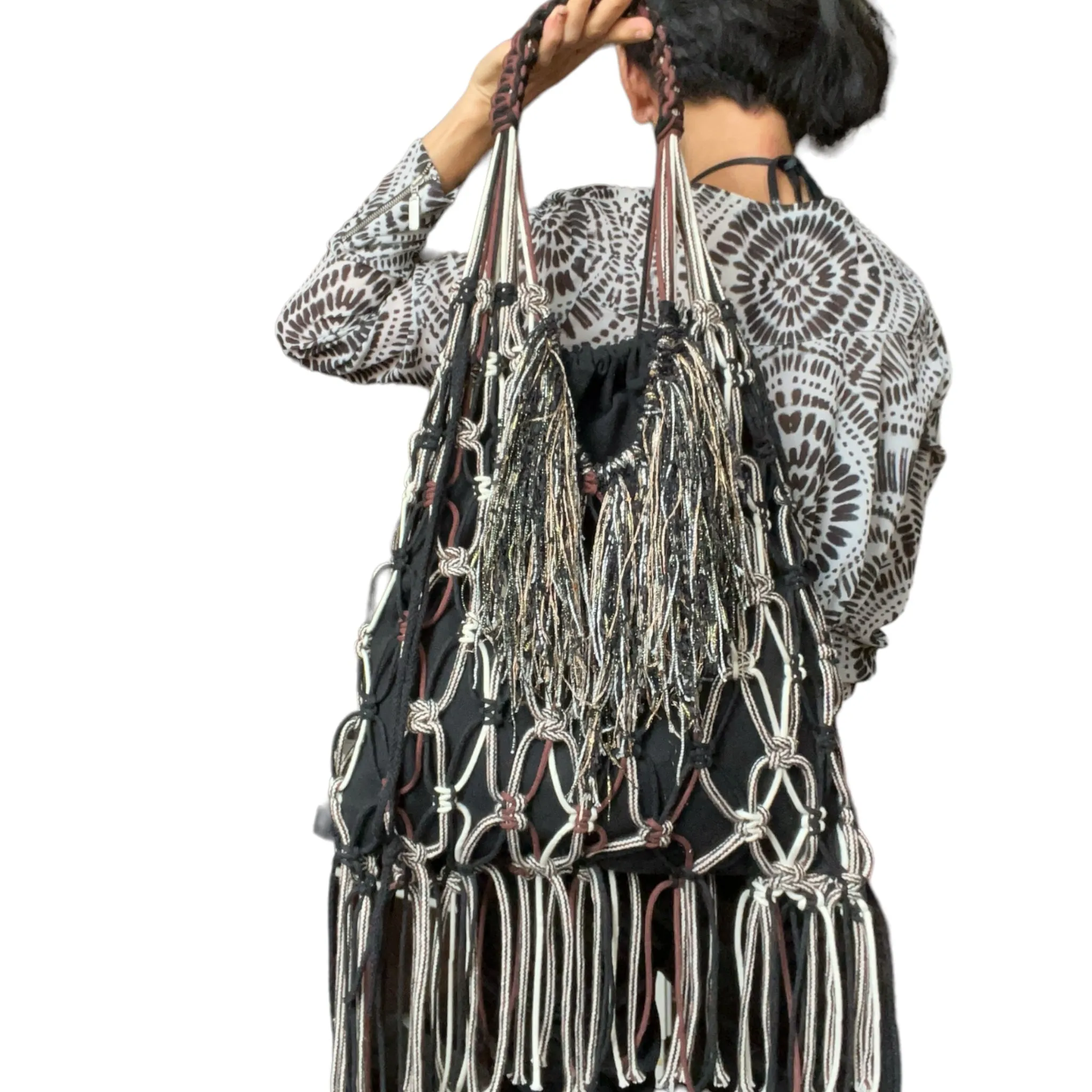 Julia Black, White & Chocolate Macrame Shopper Tote Bag