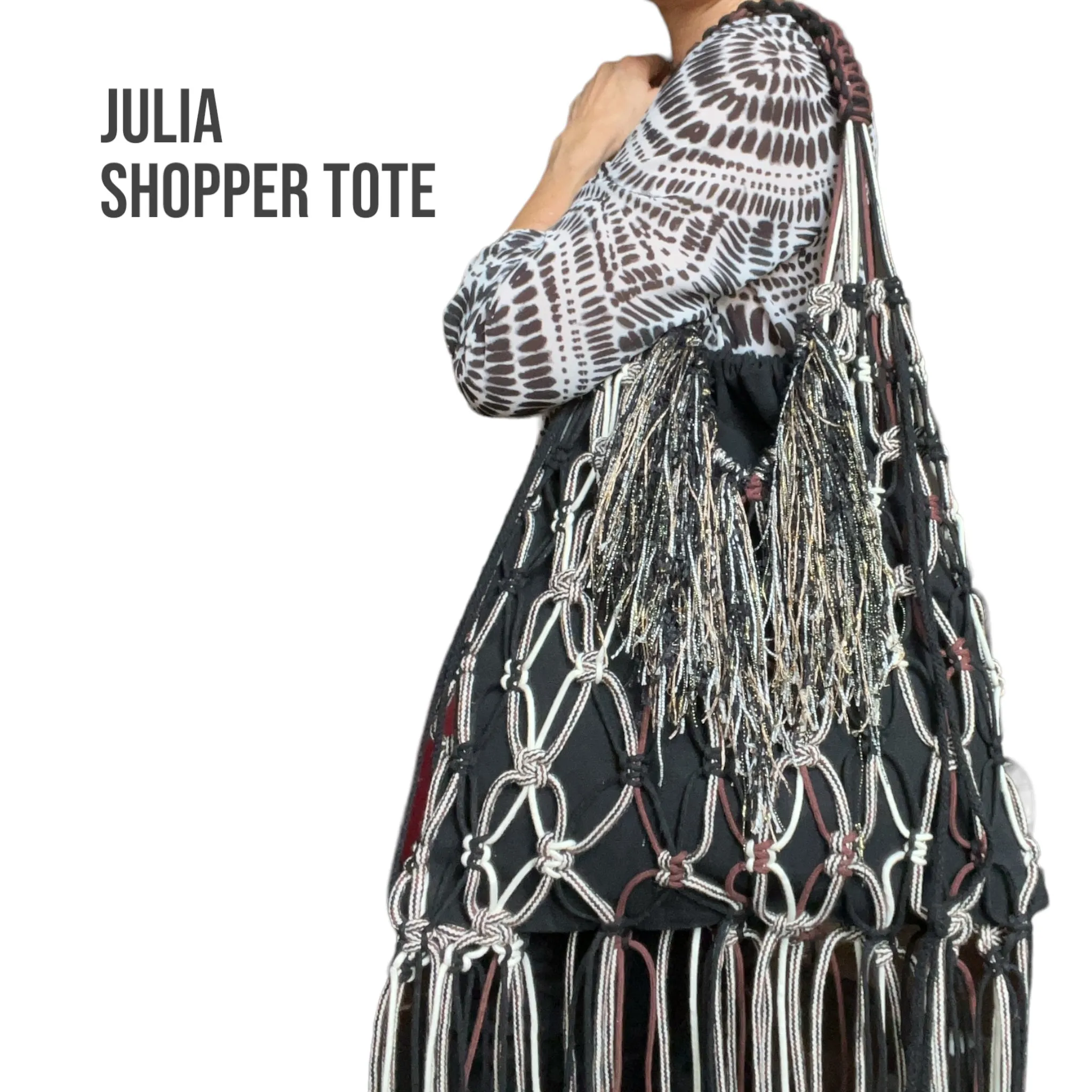 Julia Black, White & Chocolate Macrame Shopper Tote Bag