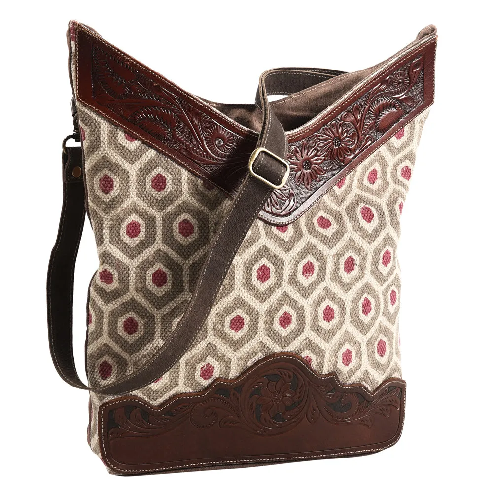 KB374 - KB374 -MESSENGER Hand Tooled Saddle Leather and Upcycled Canvas Ladies Bag Standard KB374 -