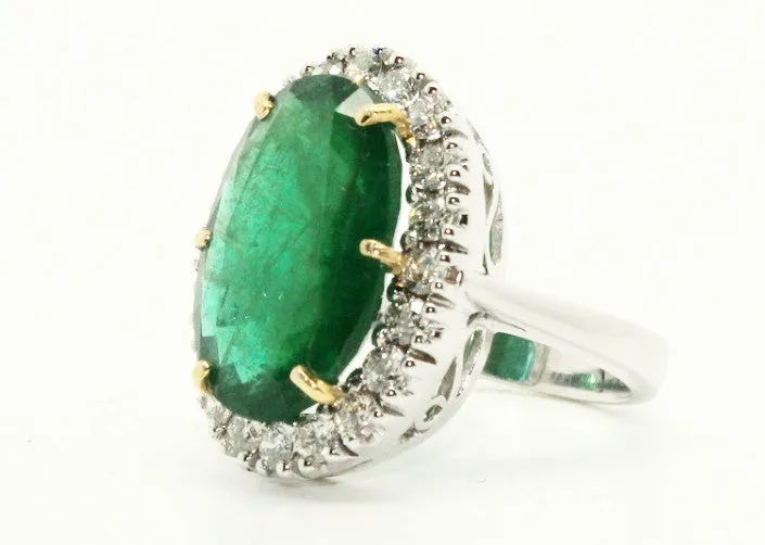 Large Emerald And Diamond Cluster Ring In 14k Yellow & White Gold