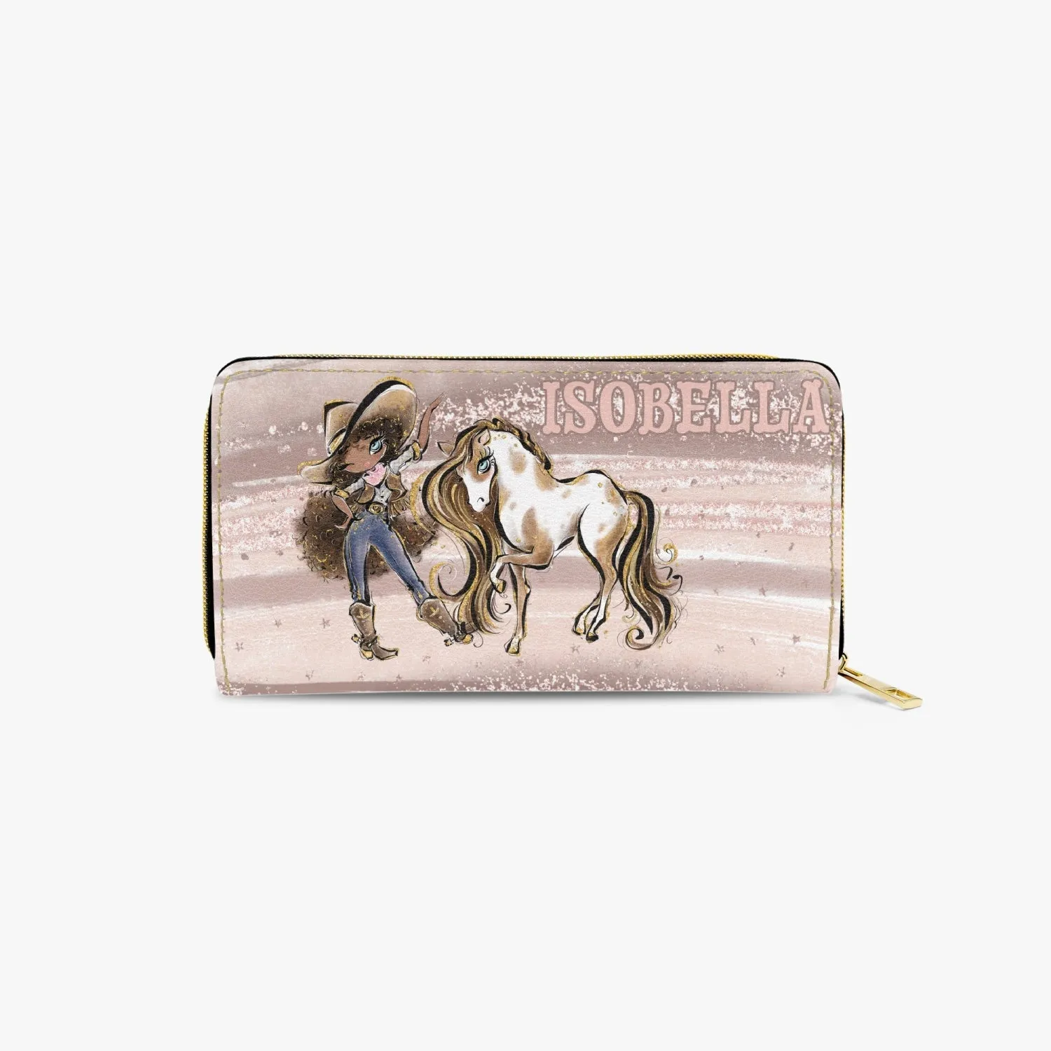 Long Type Zipper Purse, Howdy Cowgirl & Horse, Brunette Curly Hair Olive Skin Blue Eyes