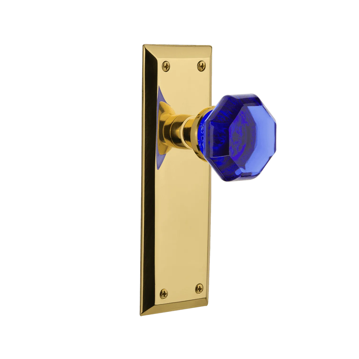 New York Long Plate with Cobalt Waldorf Knob in Unlacquered Brass