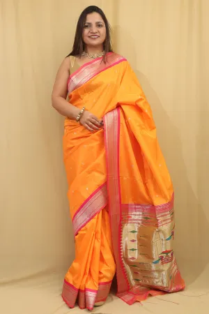 Orange Paithani Silk Peacock Design Saree - Stunning Elegance