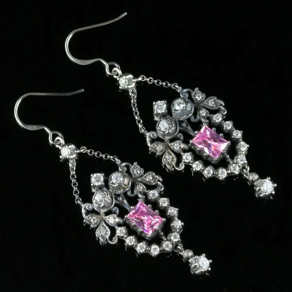 Paste Silver Drop Earrings White Pink Paste Stones